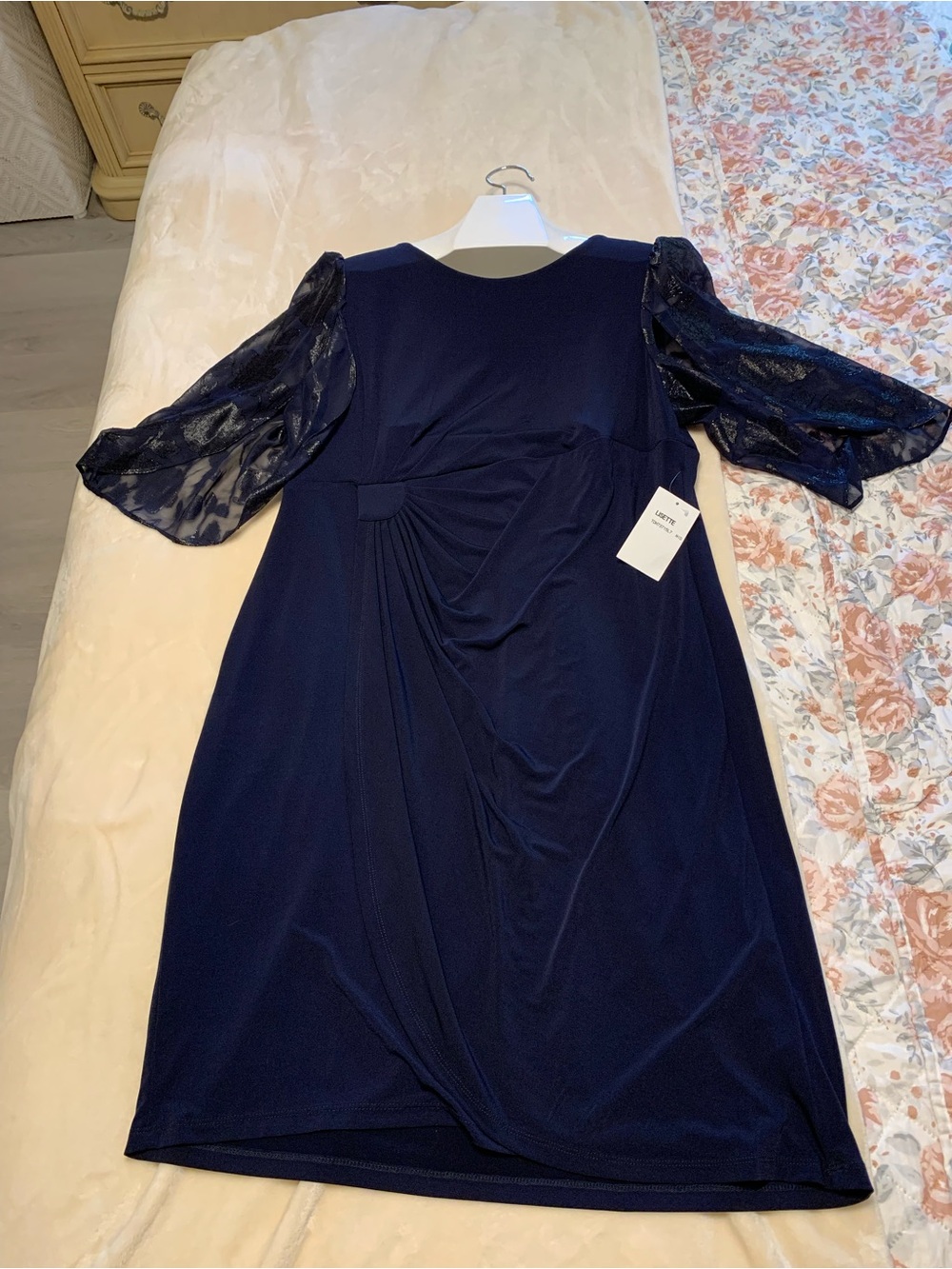 Connected Apparel midnight blue faux wrap Dress with Sheer Puff Sleeves 18W